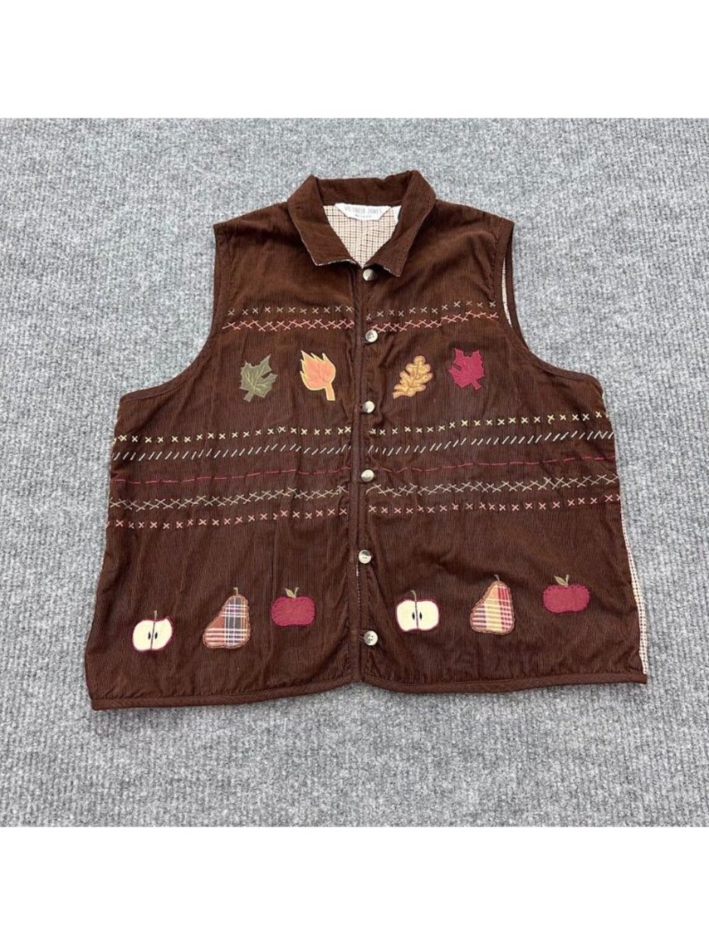 Vintage Victoria Jones 90s Fall Themed Corduroy Vest Leaf Apple Womens size 2X